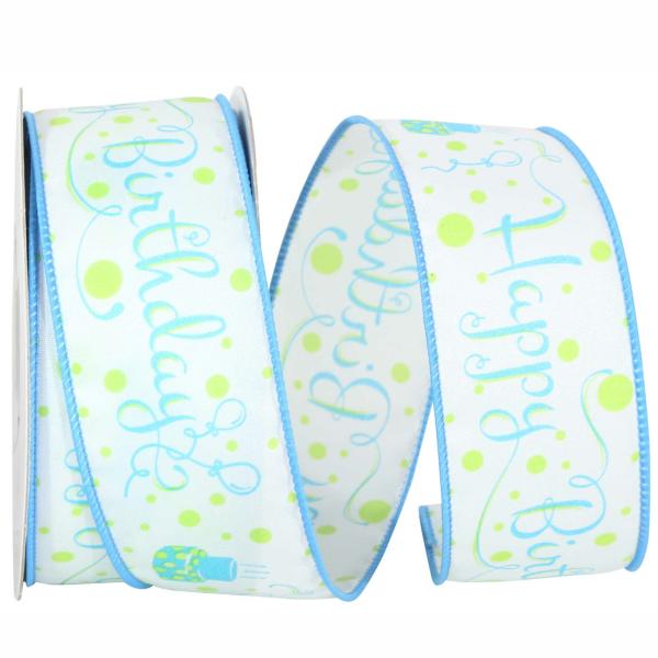 Wired Ribbon |   Happy Birthday Wired Ribbon, White With Blue Birthday Cakes & Fancy Font, 1 ½ Inch X 10 Yards (1 Spool) Wired Ribbon