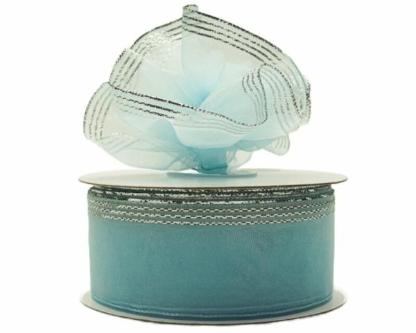 Pull Bow Ribbon |   1.5 Inch Lt. Blue Organza Pull Bow Ribbon With 4 Rows Of Silver Stripe Accents, 25 Yards (Lot Of 1 Spool) Pull Bow Ribbon Pull Bow Ribbon