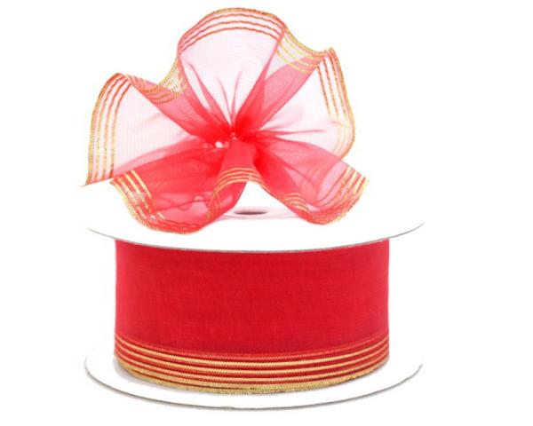 Pull Bow Ribbon |   1.5 Inch Coral Organza Pull Bow Ribbon With 4 Rows Of Gold Stripe Accents, 25 Yards (Lot Of 1 Spool) Pull Bow Ribbon Pull Bow Ribbon