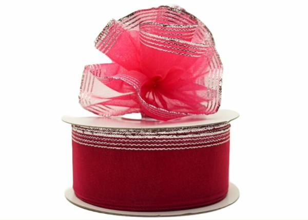 Pull Bow Ribbon |   1.5 Inch Fuchsia Organza Pull Bow Ribbon With 4 Rows Of Silver Stripe Accents, 25 Yards (Lot Of 1 Spool) Pull Bow Ribbon Pull Bow Ribbon