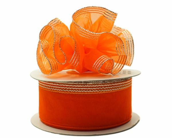 Pull Bow Ribbon |   1.5 Inch Orange Organza Pull Bow Ribbon With 4 Rows Of Silver Stripe Accents, 25 Yards (Lot Of 1 Spool) Pull Bow Ribbon Pull Bow Ribbon