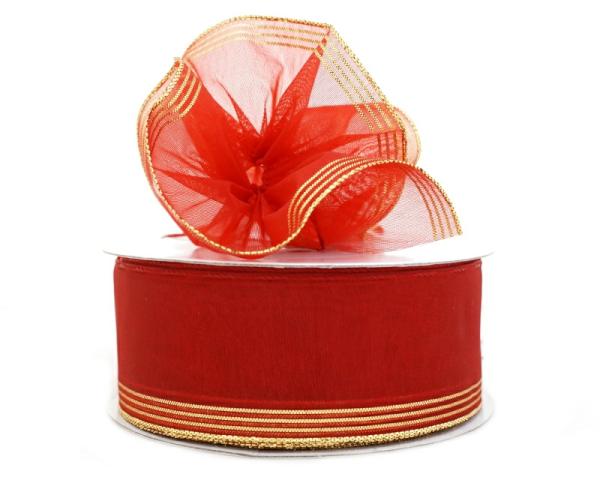 Pull Bow Ribbon |   1.5 Inch Red Organza Pull Bow Ribbon With 4 Rows Of Gold Stripe Accents, 25 Yards (Lot Of 1 Spool) Pull Bow Ribbon Pull Bow Ribbon