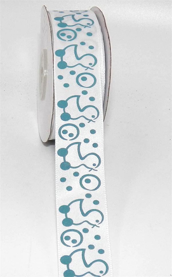 Not Wired |   Printed " Baby Duckies With Bubbles " Satin Ribbon, White With Light Blue Motif, 7/8 Inch X 25 Yards (1 Spool) Not Wired Not Wired