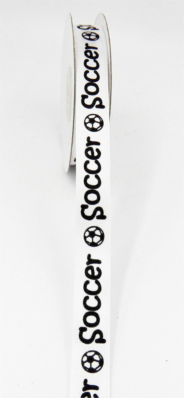 Not Wired |   Printed " Soccer " Single Faced Satin Ribbon, White With Black Soccer Balls, 5/8 Inch X 25 Yards (1 Spool) Not Wired Not Wired