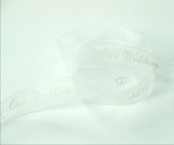 Not Wired |   White Organza Ribbon Printed W/ White Doves "Our Wedding", 7/8 Inch X 25 Yards (1 Spool) Not Wired Not Wired