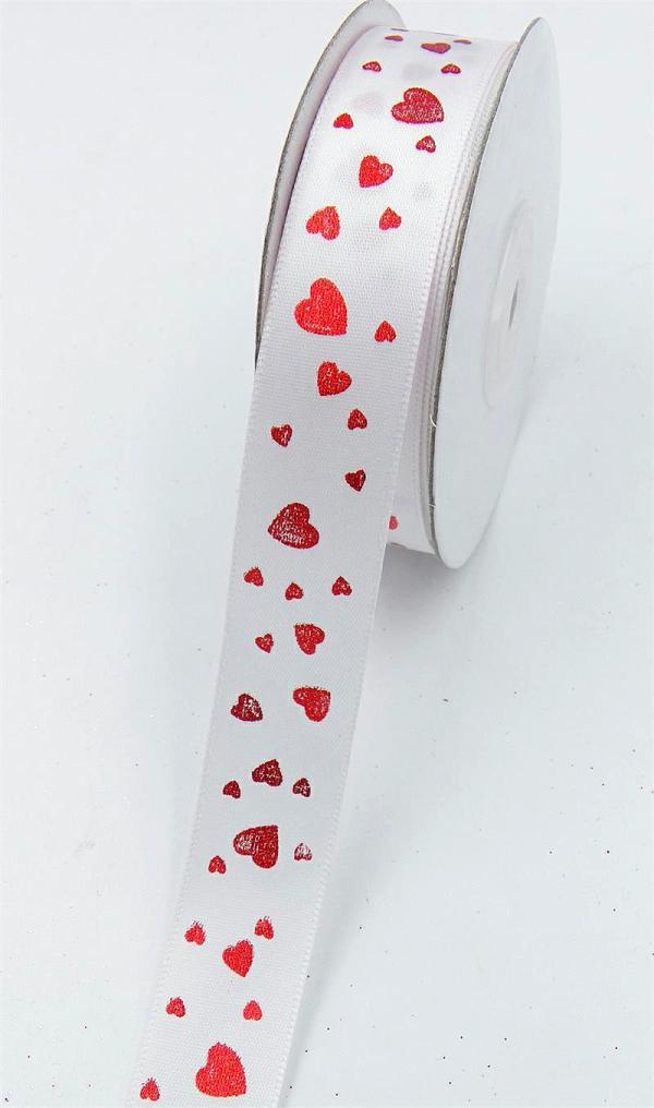 Not Wired |   White Satin Ribbon Printed With Red Hearts, Valentine’s Day Ribbon, 7/8 " X 25 Yards (1 Spool) Not Wired Not Wired