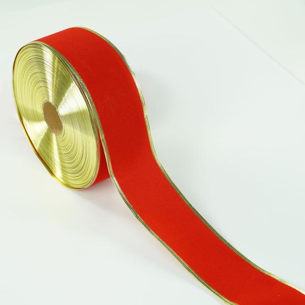 Velvet Ribbon |   2.5 Inch Red Wired Christmas Ribbon W/ Gold Edges - Red Velvet, 2.5 Inch X 50 Yards (Lot Of 1 Spool)